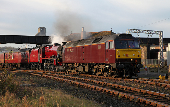 47802 & 45699 depart from Carnforth with the ECS to York for the Scarborough tours this week.