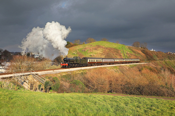 7827 heads past Saltern Cove on the Dartmouth steam Railway during a Timeline events charter on 7.3.24.