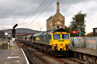 66527 heads through Carnforth on 8.10.14 with the re - routed 6M11 Hunterston to Fiddlers Ferry.