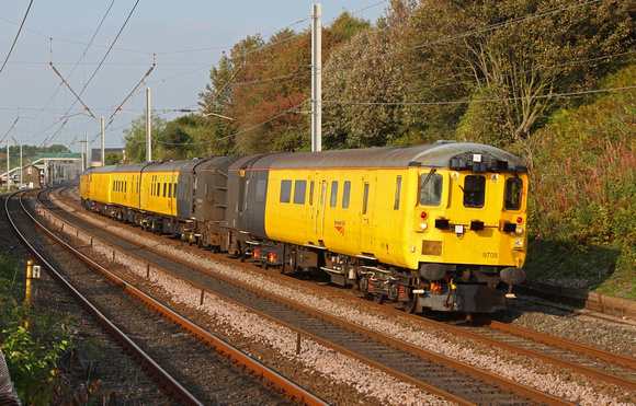 DBSO 9708 leads 31285 past Hest Bank on 1.9.11 with Network Rails Gauging train.