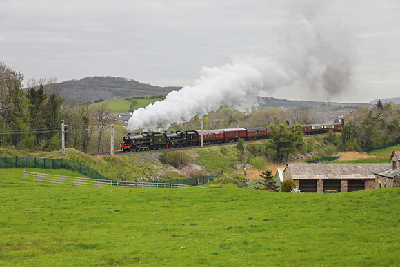 45596 & 45690 head away from Carnforth on 27.4.22 with the GB tour to Cardiff.
