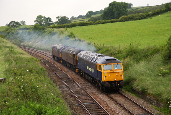 57006 passes Keer Holme with its test run with 47760 & 33029 as load on 21.6 heading for Hellifield.