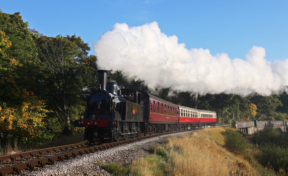 1054 heads away from Oakworth at Mytholmes during the KWVR steam Gala on 9.10.15.