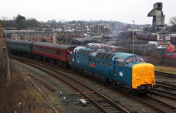 55002 departs Carnforth on 31.1.14 for Shildon to move 46229 back to York.