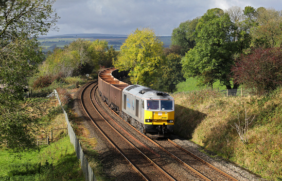 The Newbiggin to Tees Dock empty gypsum gets away from Hellifield with 60066 on 16.10.19