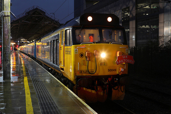 50049 waits departure from Preston on 9.12.23 with UK Railtours 'The Manchester Christmas Market' tour from London Euston.