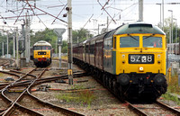 47270 backs into the loops at Carnforth with the ECS to York as 47580 waits with a ECS from Southall
