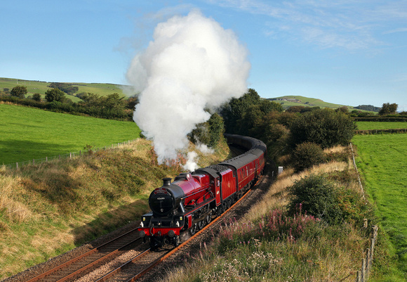 45699 heads up Lindal Bank nr Pennington on 16.9.15 with the THE CUMBRIAN COAST & YORKSHIRE DALES EXPRESS
