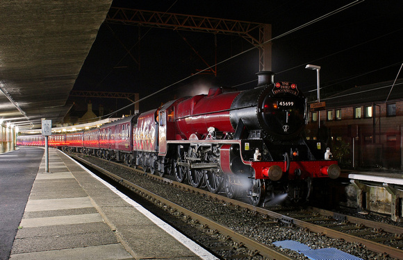 45699 pauses at Carnforth with the returning Brief Encounter tour from Chester on 24.10.15.
