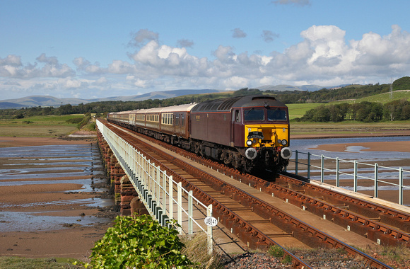 57313 TnT with 57316 head over Eskmeals viaduct on 25.7.15 with the returning 'Lakeland Coast Statesman' from Ravenglass to Hereford.