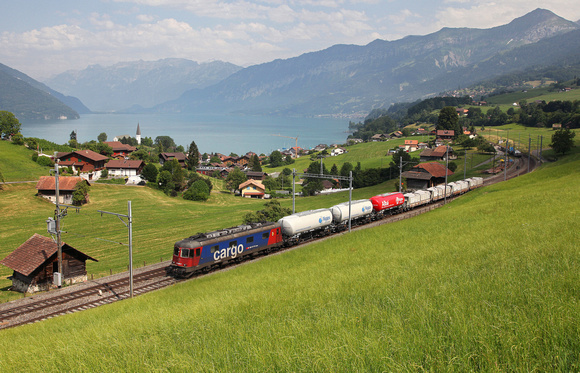 620 059-6 heads past Faulensee Switzerland on 7.7.15 with the afternoon freight from Leissigen to Spiez.