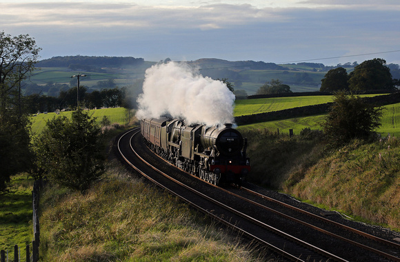 46115 & 35018 head past Tommy Hall's Barn with the returning 'Waverley' tour on 8.9.19.