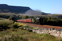 46115 heads up to Ais Gill Summit on 1.9.20 with the returning Dalesman tour. The Scot had a wreath in memory of WCR Fireman Mike Middleton.