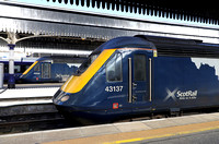 The noses of Scotrail HSTs 43137 & 43032 at the blocks at Aberdeen Station on 20.5.24.