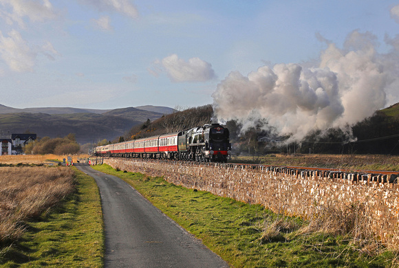 34046 Braunton heads away from Foxfield on 9.4.22 with the returning 'Lakelander' tour.